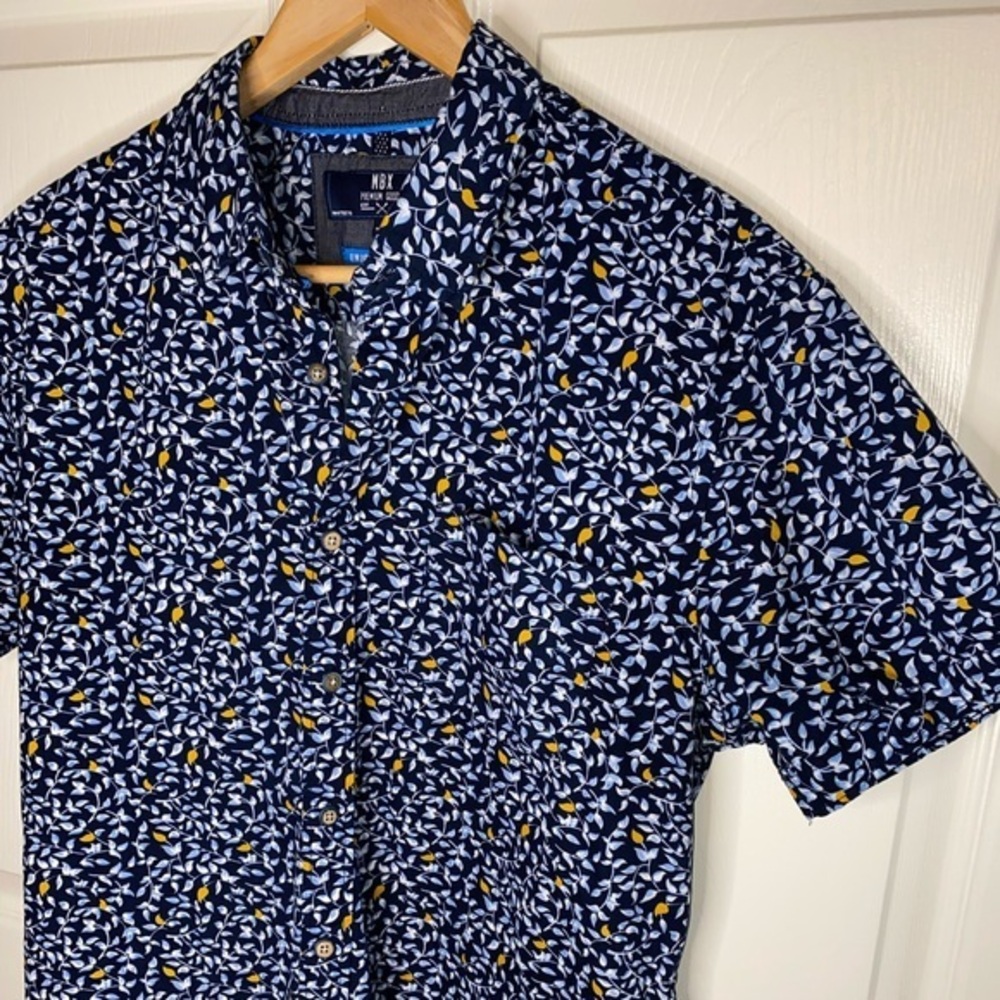 MBX Premium Goods Navy Blue Leaf Print Floral Casual Button Down Shirt Men’s M